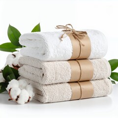 Stack of folded towels adorned with rustic ties, exudes tranquility on white background