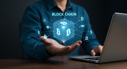 Businessman presenting blockchain technology with bitcoin symbol and digital currency icons near laptop.