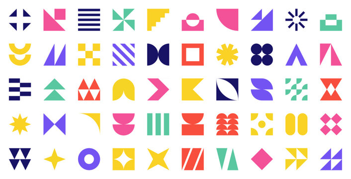 Abstract Geometric Shapes Vector Set. Bauhaus memphis design Modern minimalist figures, diverse forms, basic elements, and creative symbols in a vibrant palette for contemporary design