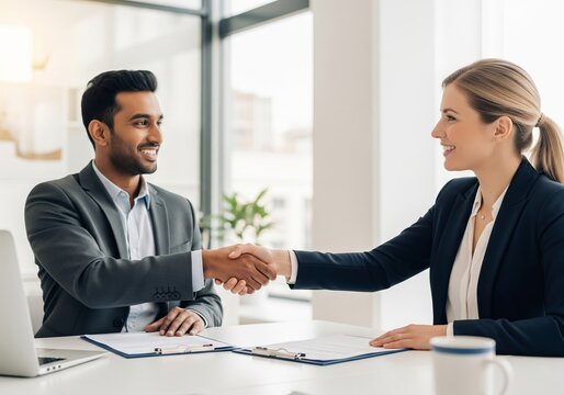 Two diverse business professionals, a man and a woman, smile as they shake hands across a desk to finalize an agreement.