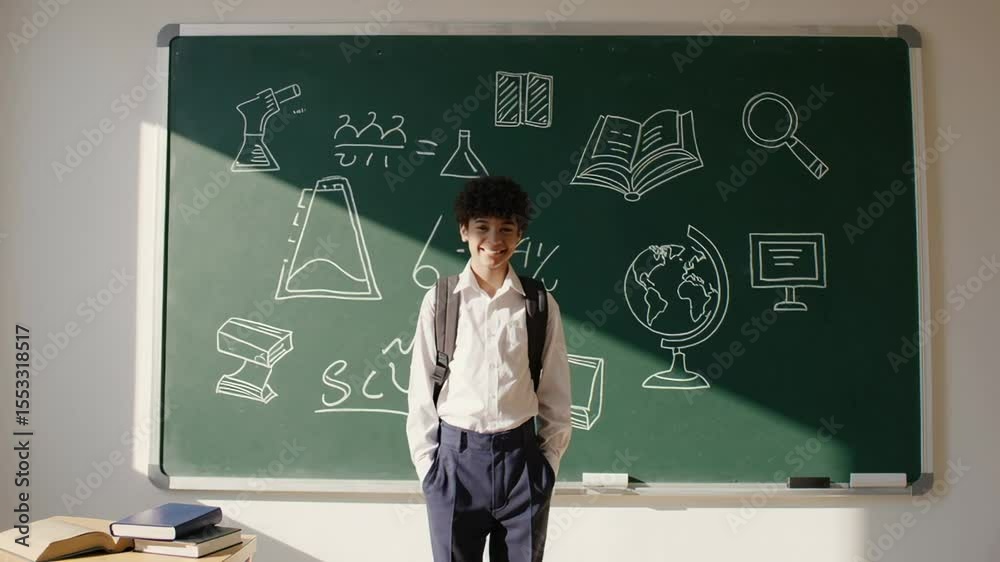 Poster confident pre adolescent student with backpack stands before a chalkboard adorned with science relat