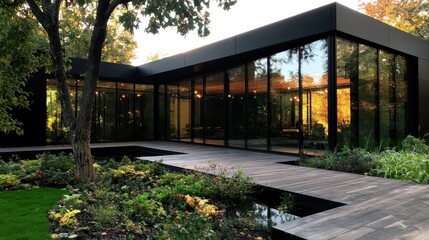 A sleek modern home with large glass windows is surrounded by vibrant greenery, harmonizing architecture with nature in a serene outdoor setting that invites tranquility.