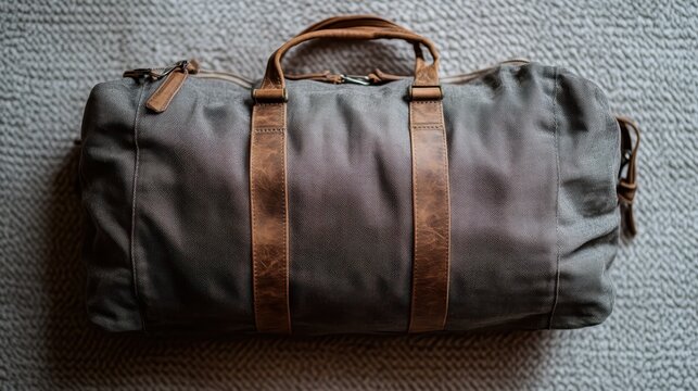 An elegant canvas duffle bag with leather straps displayed on a textured surface, showcasing its design and practicality as a travel accessory for stylish individuals.