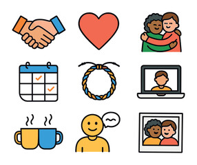 Fototapeta premium Friendship Icons Grid. Flat icon set of building and maintaining strong friendships: handshake, heart emoji,