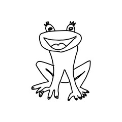 Smiling frog character doodle with big eyes and wide mouth – black SVG cartoon figure on transparent background for kids books, games, nature-themed decorations, or learning cards
