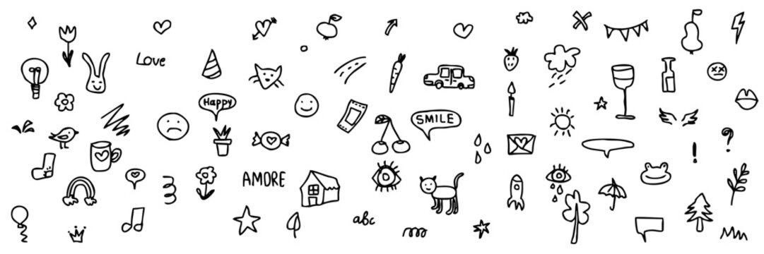 Hand drawn doodle vector set with party, love, school, and nature icons – black SVG elements on transparent background for banners, kids invitations, posters, creative planner designs