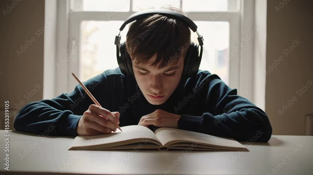 Poster student wearing noise canceling headphones, writing intently in notebook while studying near sunlit 