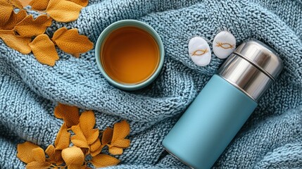 Warm Beverage in Thermos on Cozy Knitted Blanket with Leaves