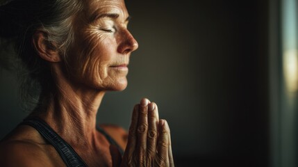 Serene senior woman meditating with closed eyes in a calm indoor setting