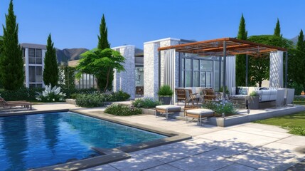 Fototapeta premium Modern luxury home exterior with pool and patio