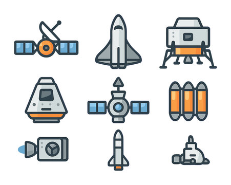 Interplanetary Vehicle Icons. Flat icon set of interplanetary travel vehicles: deep space probe, colonization