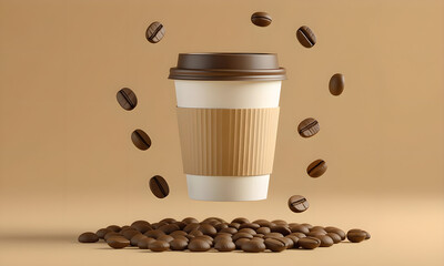 3D Render Coffee Cup with Floating Coffee Beans on Beige Background