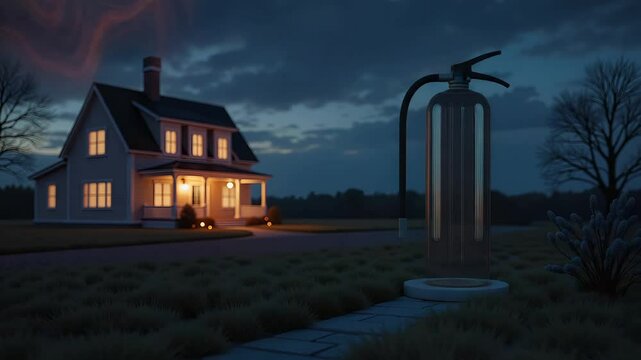 Modern house at night with illuminated windows and fire hydrant  