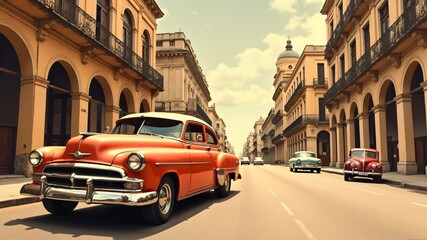 Retro painting in sepia color car and city. Havana style. Design ai
