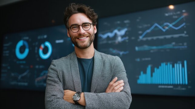 Smiling businessman standing in front of data charts and graphs - Powered by Adobe