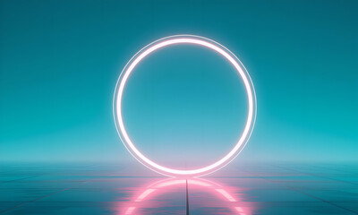 Glowing Pink Circle Portal on a Reflective Blue Floor, Abstract Background