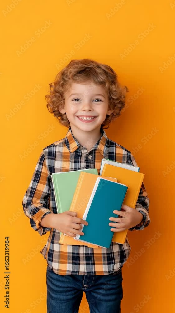 Poster portrait of happy schoolboy holding colorful exercise books. smiling and getting ready for the new s