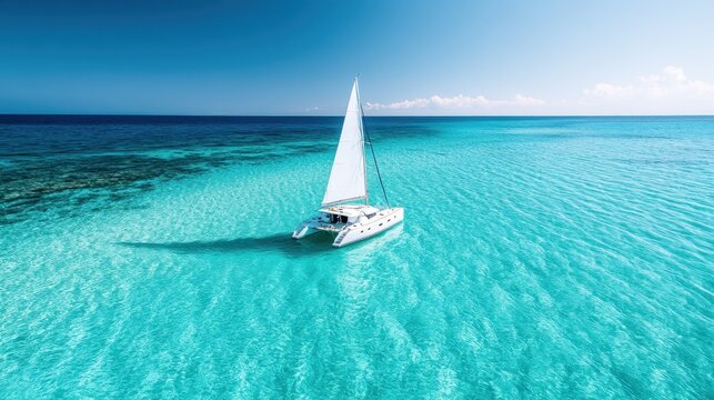 A stunning aerial view of a white sailboat peacefully sailing in crystal clear turquoise waters, surrounded by a calm and beautiful ocean landscape under a bright blue sky.