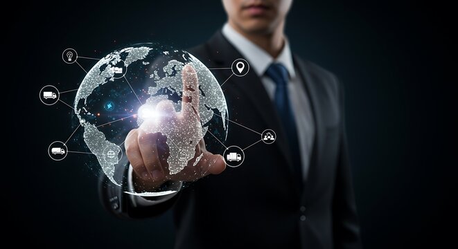 Businessman interacting with futuristic digital globe illustrating global logistics and shipping