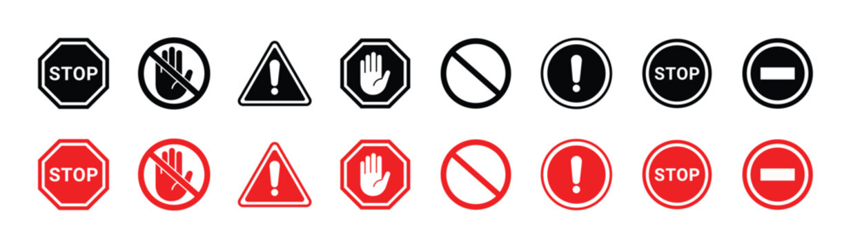 Red stop sign icon set. stop Sign with hand . Warning sign, attention, prohibition, danger, alert, road sign , vector illustration .