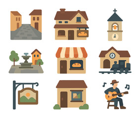 Charming Town Icons. Flat icon set of underrated small towns: cobblestone street, rustic inn, bell tower, town