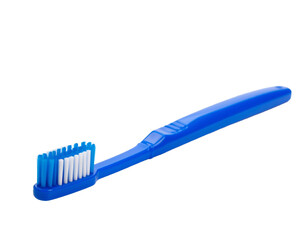 Blue toothbrush with angled handle, isolated on white.