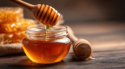 Honey drips from dipper into glass jar with honeycomb stack