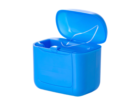 Blue dental floss container with floss partially pulled out, isolated on white.