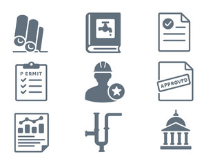 Commercial Plumbing Icons. Flat icon set of commercial plumbing paperwork: blueprint rolls, code reference