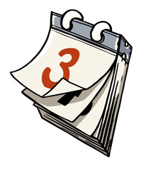 Calendar page showing the number three on a flip page style calendar, indicating a specific date and time for planning events. Hand drawn vector illustration
