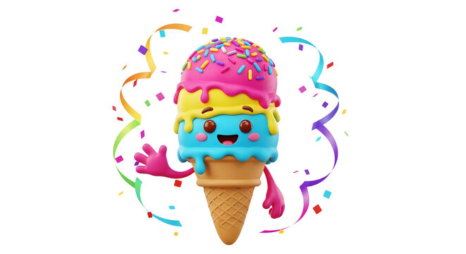 Happy Ice Cream Character Celebrating with Confetti