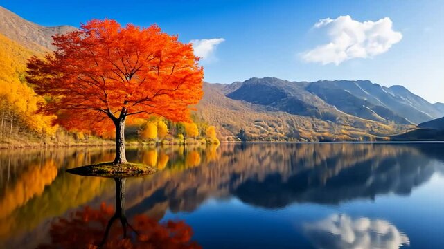 Vibrant autumn tree with orange foliage reflecting on tranquil lake surrounded by majestic mountains under clear blue sky scenic nature landscape