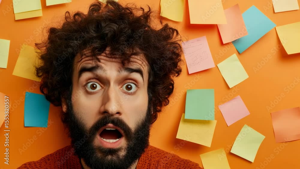 Aufkleber project manager is lying on the floor, surrounded by colorful sticky notes, expressing anxiety and s