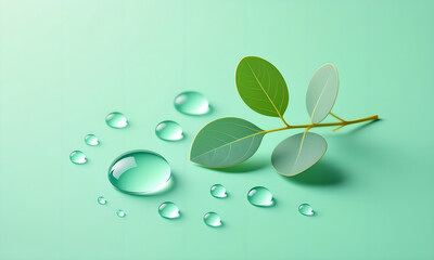 Fresh Eucalyptus Branch and Water Droplets on a Mint Green Background