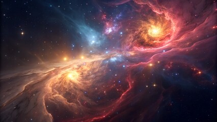 A photorealistic cosmic background with a vibrant, swirling nebula and glowing stardust