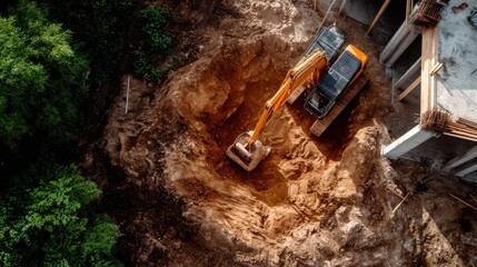 Fototapeta premium An aerial view of a construction site with a vibrant orange excavator digging deep, symbolizing progress and the transformative nature of construction and urban development.