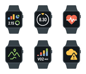 Athlete Smartwatch Icons. Flat icon set of smartwatches for athletes: smartwatch with stats, lap timer screen,
