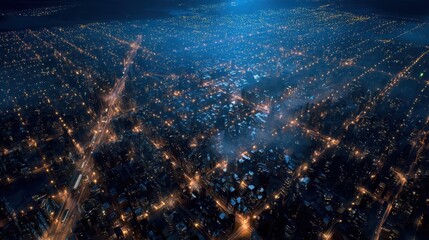 Aerial night view of illuminated cityscape highlighting streets and buildings