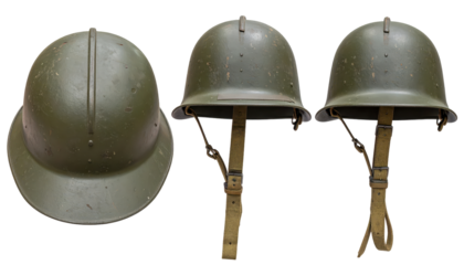 Three Military Helmets in Olive Green Isolated on Transparent Background Showing Front and Side Views in a Studio Setting