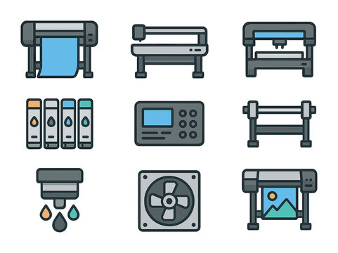 Printer Icon Set. Flat icon set of large format printers: roll-fed printer, flatbed printer, UV printer,