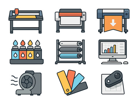 Print Shop Equipment Icons. Flat icon set of print shop equipment: cutting table, laminator, banner printer,