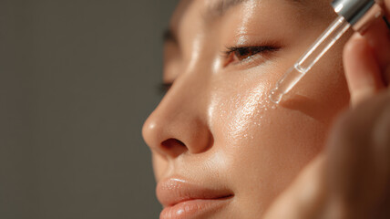 asian Hand holding dropper bottle above skin, applying serum to cheek
