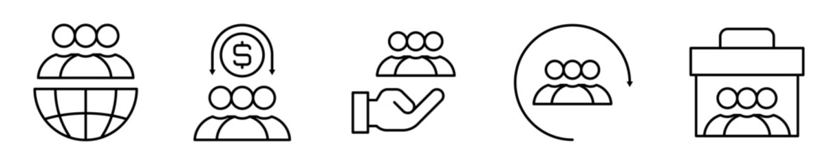 Conjunto de iconos de equipos de trabajo. Colaboración, unión y objetivos compartidos. Personas sobre globo, moneda, flecha circular y maletín de trabajo. Ilustración vectorial