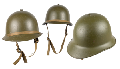 Three World War Two Military Helmets Isolated Against A Transparent Background Representing Historical Warfare and Soldiering