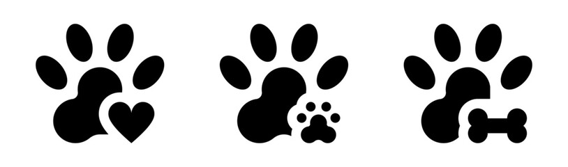 Conjunto de iconos de huellas de animales. Cariño, compañía y cuidado de mascotas. Huella con corazón, huella pequeña, hueso. Ilustración vectorial
