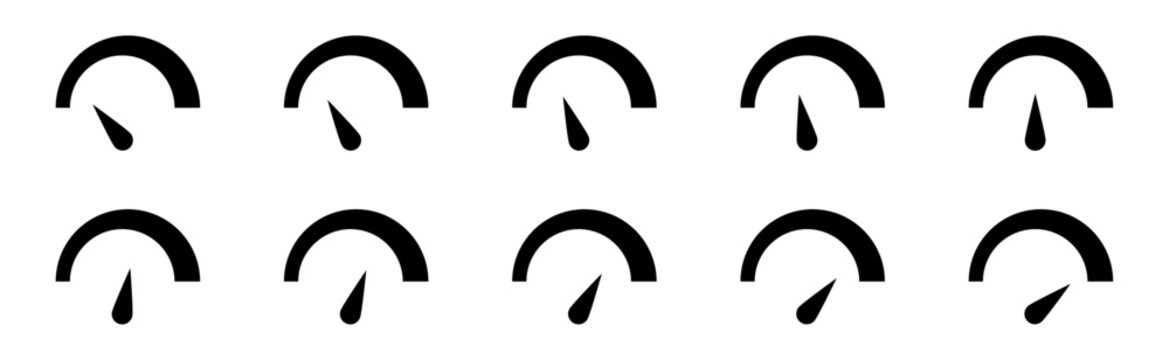 conjunto de iconos de veloc&iacute;metros. Tac&oacute;metro, velocidad, rendimiento y progreso. Flechas indicadoras en diferentes posiciones, desde m&iacute;nima a m&aacute;xima intensidad. Ilustraci&oacute;n vectorial