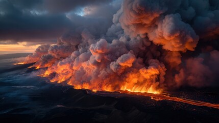 Dramatic volcanic eruption with fiery lava flows during twilight