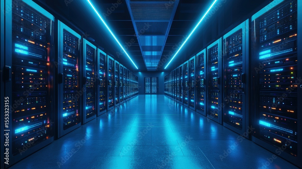 Aufkleber High-tech data center with glowing blue lights and colorful server indicators, ideal for representing cloud infrastructure, cybersecurity, and digital technology systems