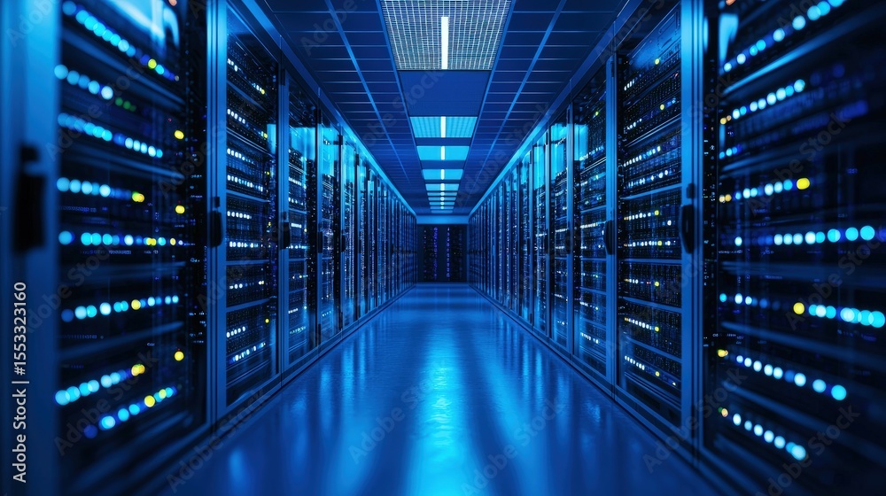 Poster Symmetrical server room with reflective floor and glowing blue racks, ideal for visuals related to cloud computing, data networks, digital storage, and IT infrastructure