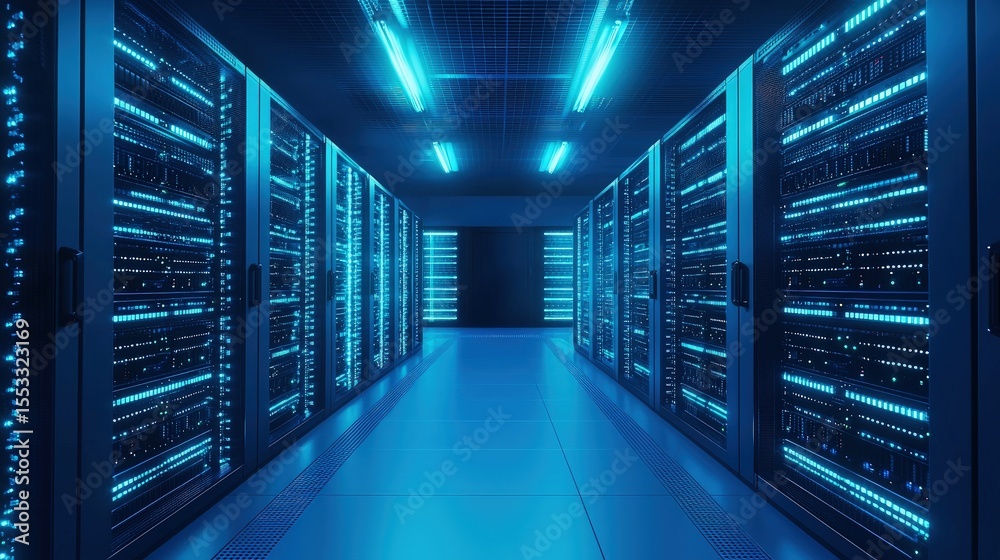 Aufkleber Advanced server room with glowing blue lights, tiled floor, and high-tech network racks, great for illustrating data systems, cloud computing, and IT infrastructure